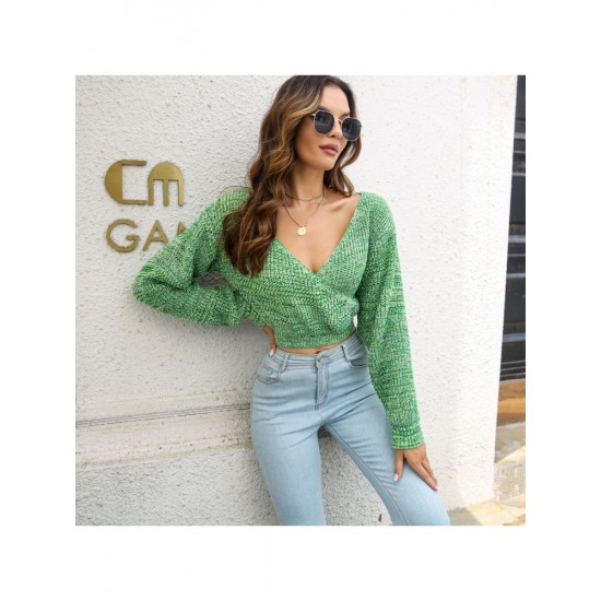  2024 Pure Color V-Neck Women's Navel Sweater