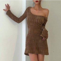 Fall Scoop Neck Solid Long Sleeve Short Dress