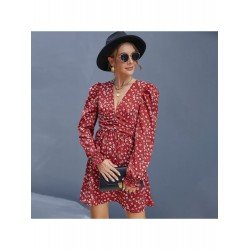 Red Floral Puff Sleeve V Neck Short Dress Red Floral Puff Sleeve V Neck Short Dress