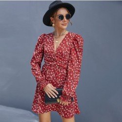 Red Floral Puff Sleeve V Neck Short Dress