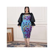 Round Neck Lantern Sleeve Hollowed Out Women's Dress