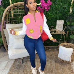 Embroidery Contrast Color Baseball Coats For Women