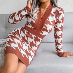 Houndstooth V Neck Long Sleeve Sweater Dress