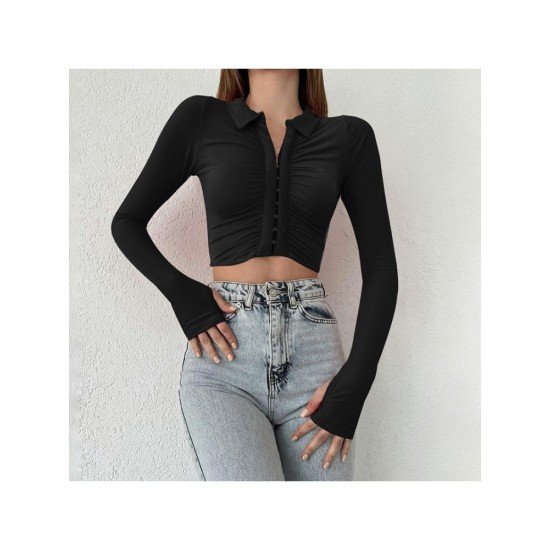  2024 Pure Color Long Sleeve Crop Top