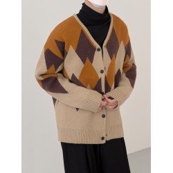 Rhombus Lattice Color Blocking Vintage Cardigan For Men  Rhombus Lattice Color Blocking Vintage Cardigan For Men