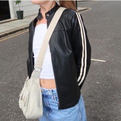 Black Leather Stand Collar Women Jacket Coats