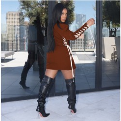 Stylish Tie Wrap Gigot Sleeve Long Sleeve Short Dress