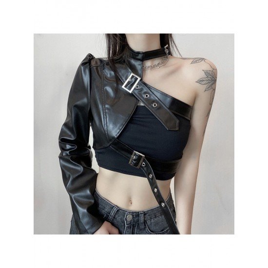 Imitation Leather One Shoulder Black Tops