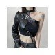 Imitation Leather One Shoulder Black Tops