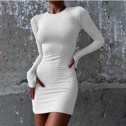  Sexy Round Neck Pure Color Long Sleeve Dress