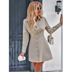 Street Solid Patchwork Long Sleeve Button Down Dress Street Solid Patchwork Long Sleeve Button Down Dress