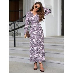 V Neck Printing Women's Long Sleeve Dress  V Neck Printing Women's Long Sleeve Dress