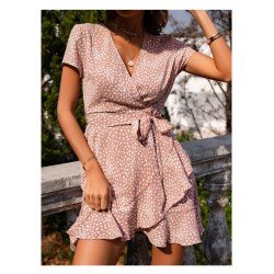V Neck Summer Printed Ruffles Short Dresses V Neck Summer Printed Ruffles Short Dresses