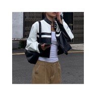  2024 PU Contrast Color Women's Long Sleeve Jacket