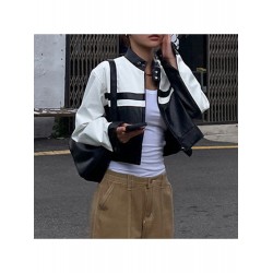 2024 PU Contrast Color Women's Long Sleeve Jacket  2024 PU Contrast Color Women's Long Sleeve Jacket