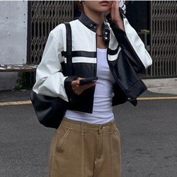  2024 PU Contrast Color Women's Long Sleeve Jacket