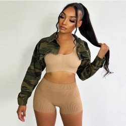 Fall Camouflage Cropped Long Sleeve Tops