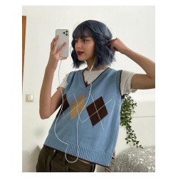 2024 American Preppy Rhombus V-Neck Knit Vest  2024 American Preppy Rhombus V-Neck Knit Vest