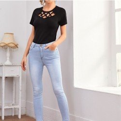 Summer Black Cut Out T Shirts For Women