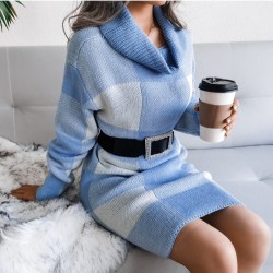  Casual Turtleneck Plaid Knitted Women's Dress