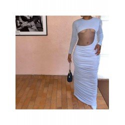 Patchwork White Ruched Long Sleeve Maxi Dress Patchwork White Ruched Long Sleeve Maxi Dress