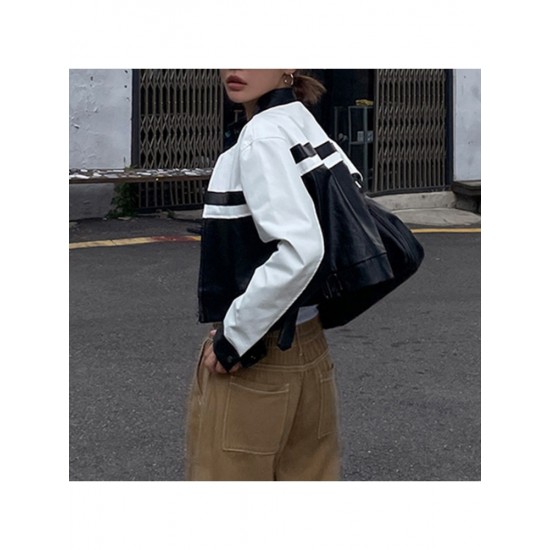  2024 PU Contrast Color Women's Long Sleeve Jacket
