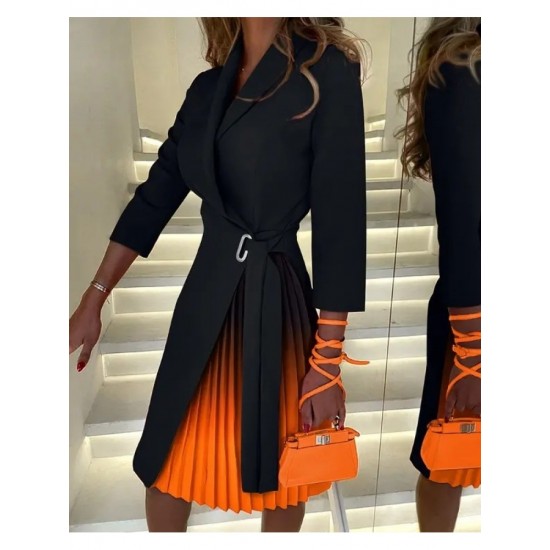  2024 Pleated Patchwork Women's Long Sleeve Dress