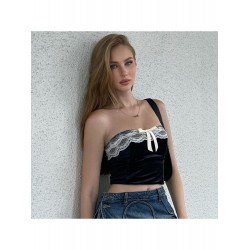 Bow Patchwork Black Cropped Strapless Tops Bow Patchwork Black Cropped Strapless Tops