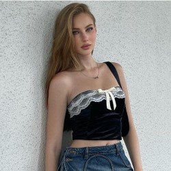 Bow Patchwork Black Cropped Strapless Tops