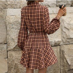 Houndstooth Patchwork Long Sleeve Fall Dress