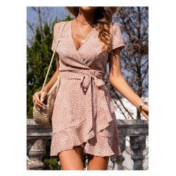 V Neck Summer Printed Ruffles Short Dresses V Neck Summer Printed Ruffles Short Dresses